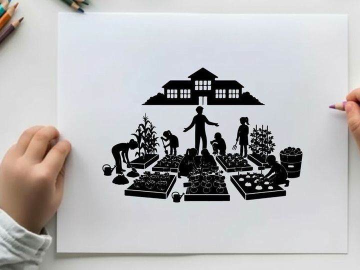 Silhouette of people gardening in front of a large house silhouette