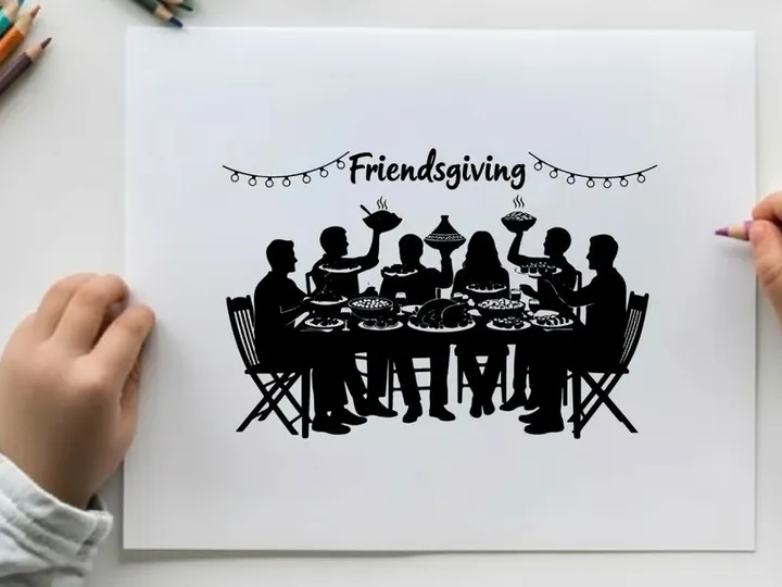 Friendsgiving celebration silhouette of people sharing a meal together