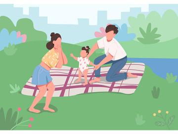 Young family picnic flat color vector illustration preview picture
