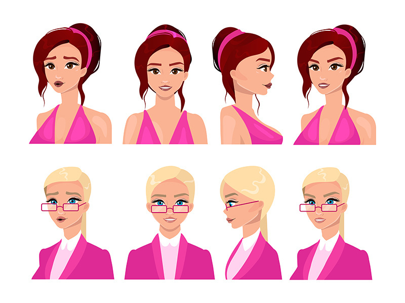 Female faces flat vector illustrations set