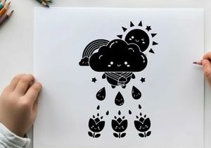 Silhouette of a smiling sun and cloud with rain and flowers