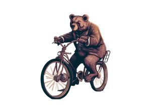 Vintage Bear riding a bike in floral countryside road, isolated in white background.