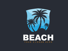 Coconut Tree Logo With Beach Atmosphere, Beach Plant Vector, Sunset View Design