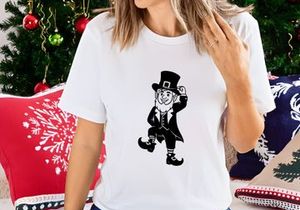 Cartoon leprechaun dancing with top hat and clover for St Patrick's Day