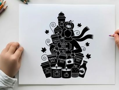 Silhouette of a woman surrounded by fall items and pumpkin spice latte