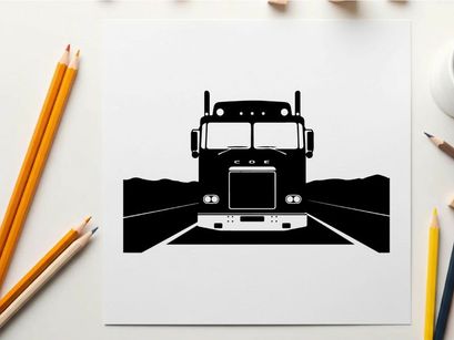 A silhouette of a semi truck driving down a highway at night