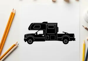 Silhouette of a camper truck with pop up roof and large storage