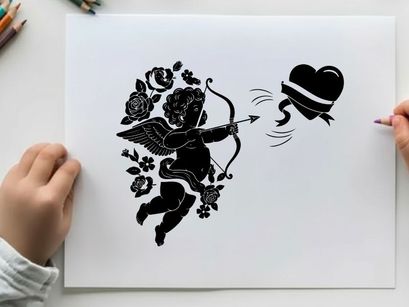 Cupid silhouette shooting arrow at heart with flowers around
