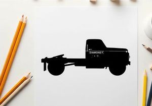 Silhouette of a pickup truck with a flatbed and red logo