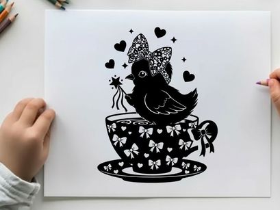 Whimsical silhouette bird on a teacup with bow and hearts