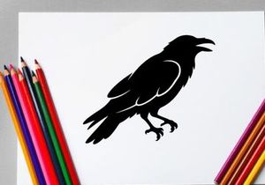 Silhouette of a Crow Perched on a Branch in Black and White