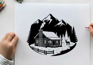 Cozy cabin silhouette in snowy mountain forest landscape