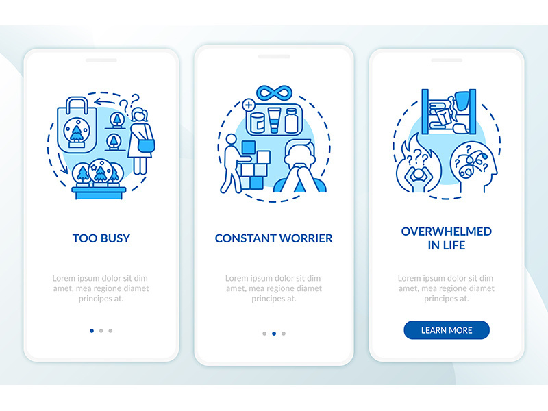 Clutter personality types onboarding mobile app page screen with concepts
