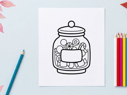 Candy jar coloring page for kids. Black and white line art illustration of sweets.
