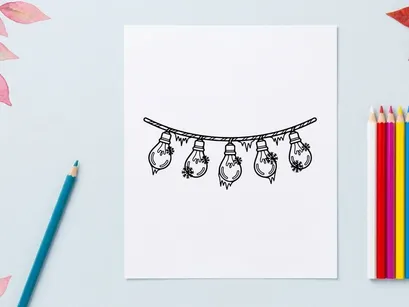 Hand drawn string of light bulbs with snowflakes and icicles