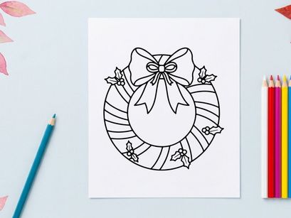 Christmas wreath line art illustration with festive bow and holly berries for coloring page
