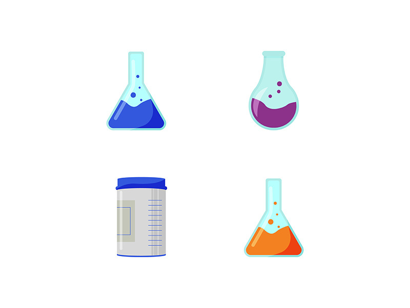 Chemical containers flat color vector object set