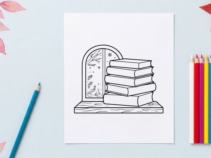 Stack of books on a windowsill with winter snow scene outside, line art illustration.