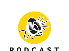 podcast logo with microphone and earphone audio, radio waves. for studio, talk show, chat, information sharing, interview, multimedia and web.