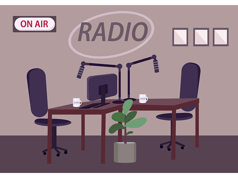 Empty radio studio flat color vector illustration