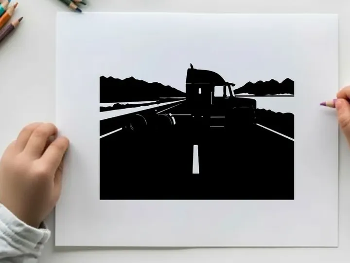 Silhouette of a semi truck driving on a highway with mountains