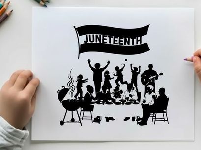 Juneteenth celebration silhouette with flag and family fun