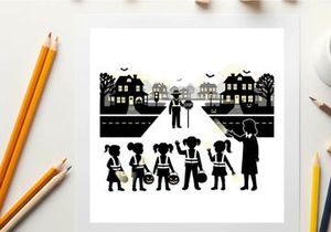 Silhouette of children and teacher crossing the road at night