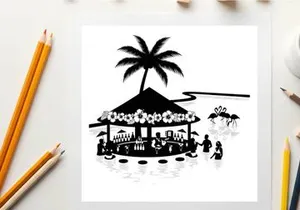 Beachside silhouette of a tropical gazebo with palm trees and people