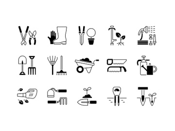Gardening tools black linear icons set preview picture