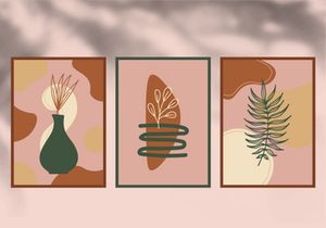 Abstract botanical poster set. Contemporary nature background set bohemian aesthetic, boho minimalist wall decor. Vector illustration.