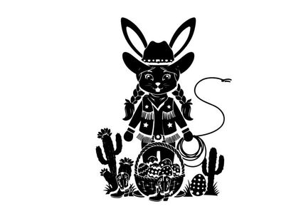 Silhouette of a cowboy rabbit with a whip and basket