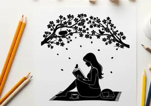 Silhouette of a woman reading under a blooming tree silhouette