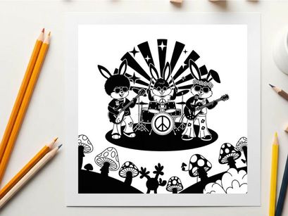 Peaceful silhouette of cartoon bunnies playing music with mushrooms