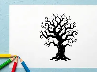 Black silhouette of a leafless tree with twisting branches