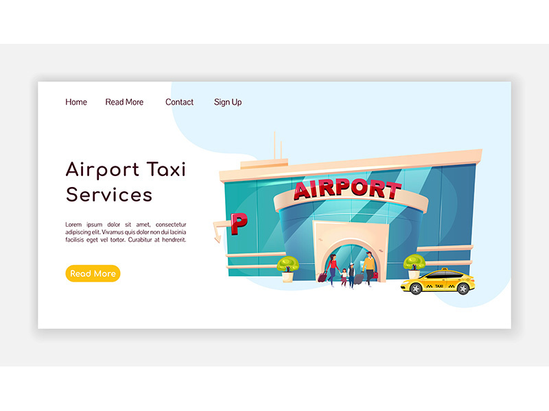 Airport taxi services landing page flat color vector template