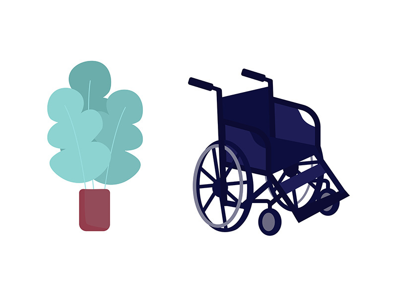 Wheelchair and plant flat color vector objects set