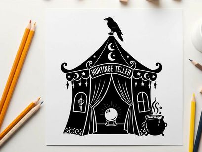 Silhouette of a mystical fortune teller tent with a crow and crystal ball