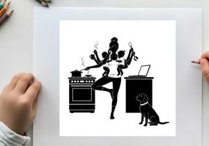 Silhouette of a multitasking woman with dog and kitchen office