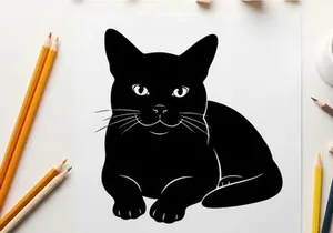 Black cat silhouette with piercing eyes and whiskers on white background