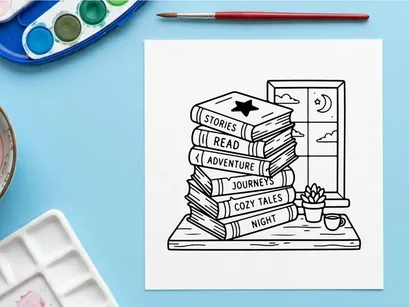 Stack of books with cozy reading theme by a window, hand drawn line art illustration.