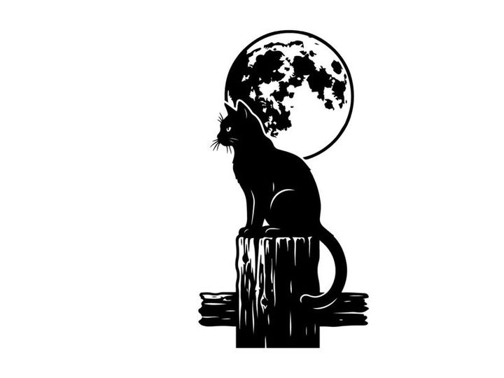 Silhouette of a cat sitting on a tree stump with full moon in background