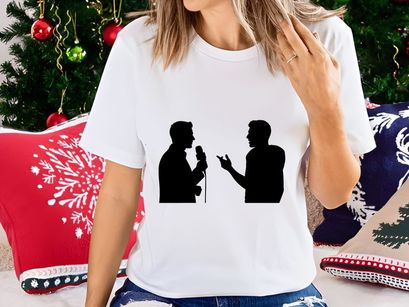 Two men communicating with a microphone and gestures in a simple silhouette