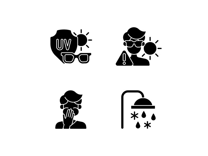 UV rays exposure risk black glyph icons set on white space