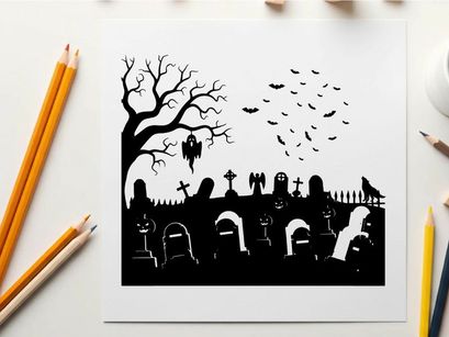 Spooky silhouette graveyard scene with bats and bare tree