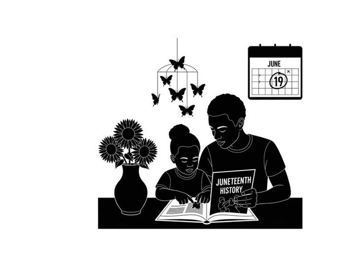 Juneteenth history book silhouette of man and woman reading together