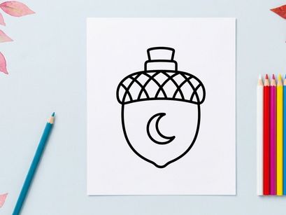 Halloween acorn-shaped crest with crescent moon symbol. Autumn-themed emblem for seasonal branding and festive design projects.