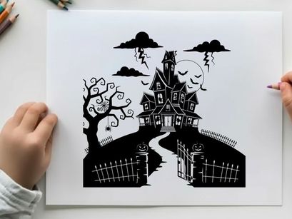A silhouette of a spooky haunted house on a hill with clouds and bats