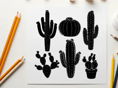 Silhouette of various cacti and potted plants