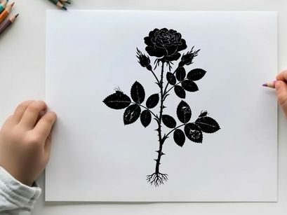 Silhouette of a single rose flower and stem