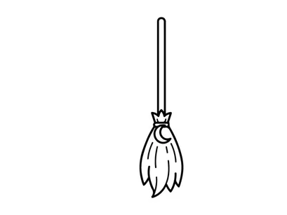 Witch broomstick icon with moon symbol. Magic broom line art for Halloween design.